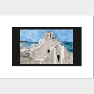 Mykonos Chapel Greek Island watercolor Posters and Art